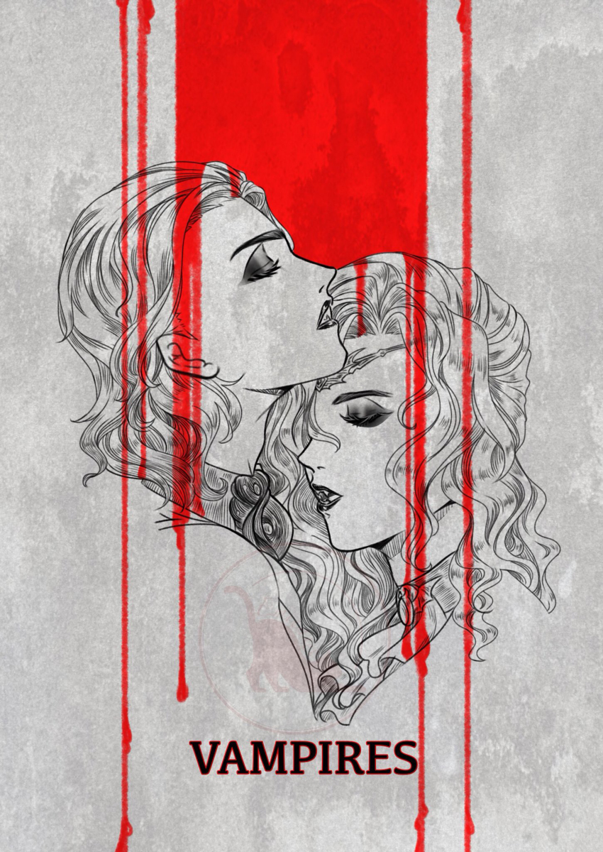 absurdres, blood, closed_eyes, collared_dress, dress, emienvee2811, fangs, grey_background, highres, identity_v, joseph_(identity_v), lineart, lipstick, makeup, vampire, vil_schoenheit, vil_schoenheit_(halloween), wavy_hair