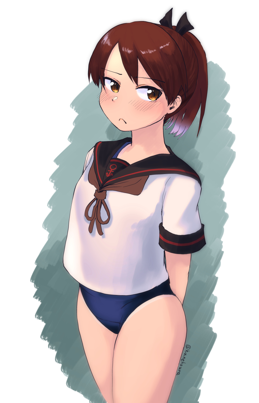 1girl, absurdres, arms_behind_back, black_sailor_collar, blue_one-piece_swimsuit, brown_eyes, brown_hair, commentary_request