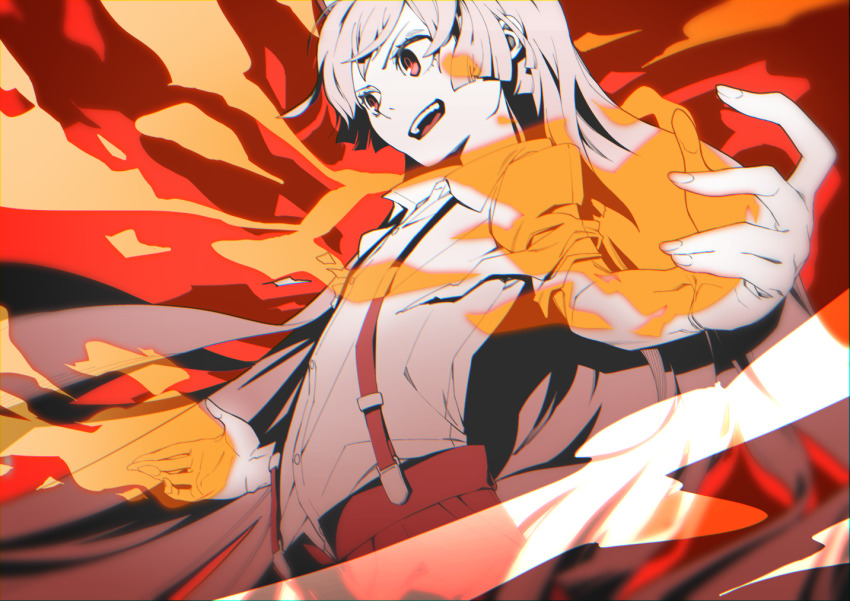 1girl, collared_shirt, fire, fujiwara_no_mokou, kamabokopic, long_hair, oekaki, open_mouth