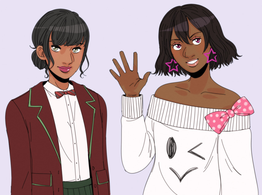 1girl, alternate_costume, large_nose, black_hair, blazer, blouse, blunt_bangs, bobby_socks, bow, bowtie, buttons, casual, color_contacts, colored_contact_lenses, dark_skin, etrosgate, eyelashes, fashion, girls_mode_4:_star_stylist, green_eyes, hair_bun, jacket, sawako_(girls_mode), makeover, nintendo, off_shoulder, office_lady, pants, pink_lips, red_jacket, secretary, shirt, single_hair_bun, socks, girls_mode, sweater, waving