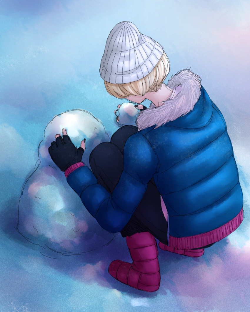 1girl, hotaru_ori, blonde_hair, boots, down_jacket, etrosgate, from_behind, fur_collar, fur_trim, girls_mode, girls_mode_4:_star_stylist, highres, holding, holding_snowball, jacket, knit_hat, nintendo, pixie_cut, short_hair, snow, snowball, snowman, solo, solo_focus, squatting, winter_clothes