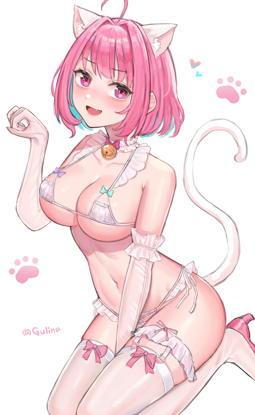 1girl, absurdres, ahoge, animal_ears, bare_shoulders, bikini, blue_hair, blush, breasts, cat_ears, cleavage, collarbone, extra_ears, fang, frilled_bikini, frills, gurina, high_heels, highres, idolmaster, idolmaster_cinderella_girls, kneeling, large_breasts, looking_at_viewer, micro_bikini, multicolored_hair, navel, open_mouth, paw_pose, pink_eyes, pink_hair, short_hair, signature, simple_background, smile, solo, stomach, swimsuit, thighhighs, twitter_username, two-tone_hair, white_background, white_bikini, white_tail, white_thighhighs, yumemi_riamu