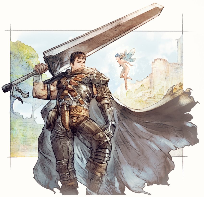 1boy, armor, bandages, bare_tree, berserk, black_hair, cape, dragonslayer_(sword)