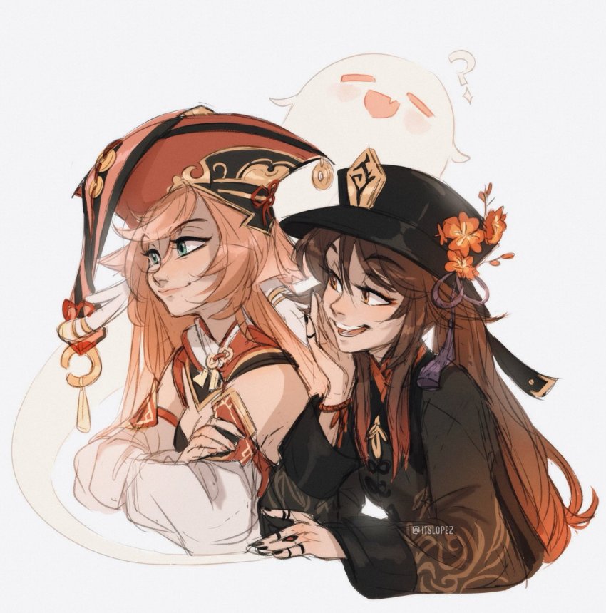 2girls, ?, black_shirt, brown_hair, eyebrows, eyelashes, eyeliner, female_focus, genshin_impact, ghost, green_eyes, hair_between_eyes, hat, highres, hu_tao_(genshin_impact), laia, long_hair, long_sleeves, looking_to_the_side, makeup, multiple_girls, orange_hair, pale_skin, red_eyes, shirt, side-by-side, three-quarter_sleeves, smile, twintails, yanfei_(genshin_impact)