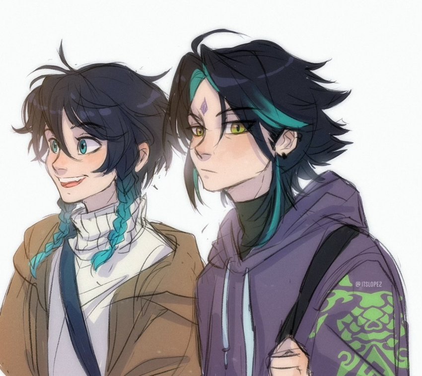 2boys, alternate_costume, backpack, bag, blue_hair, braid, brown_jacket, closed_mouth