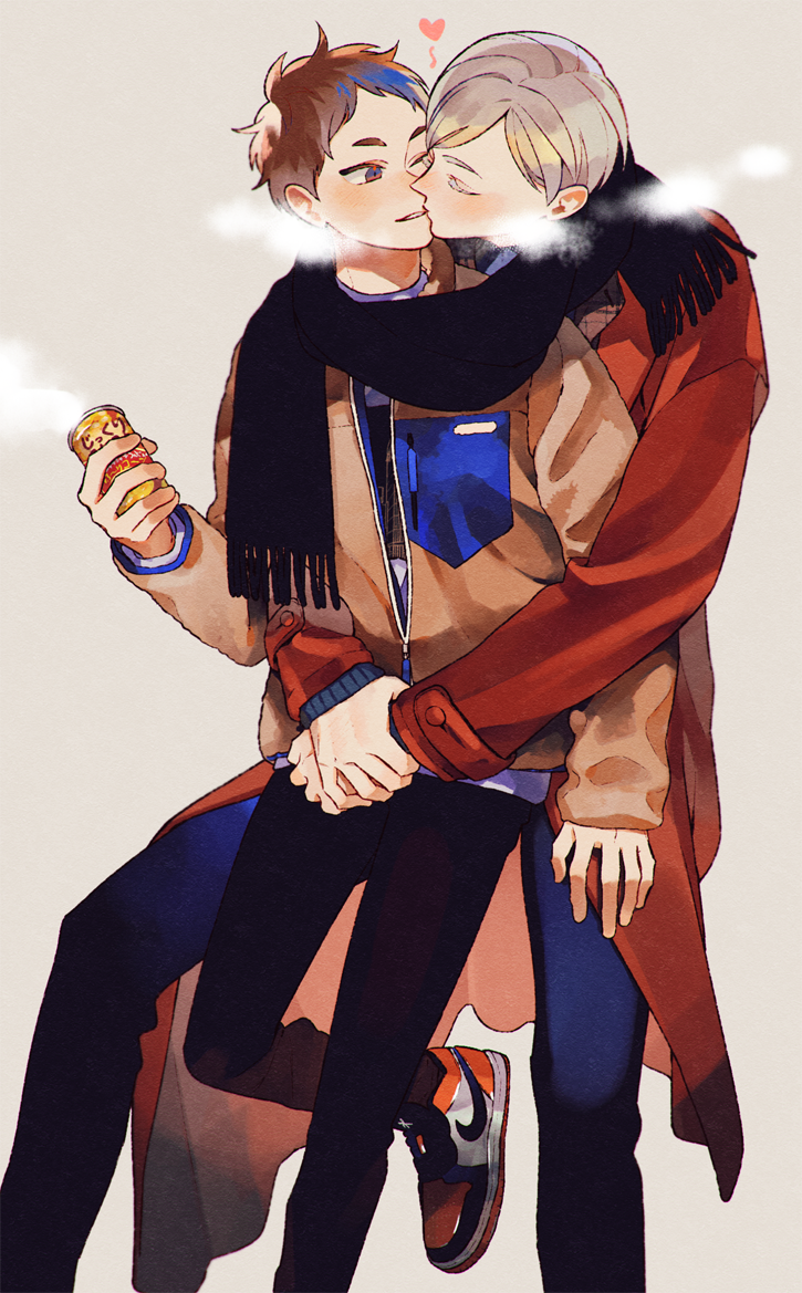 2boys, black_pants, black_scarf, blue_pants, blush, brown_hair, brown_jacket, coat