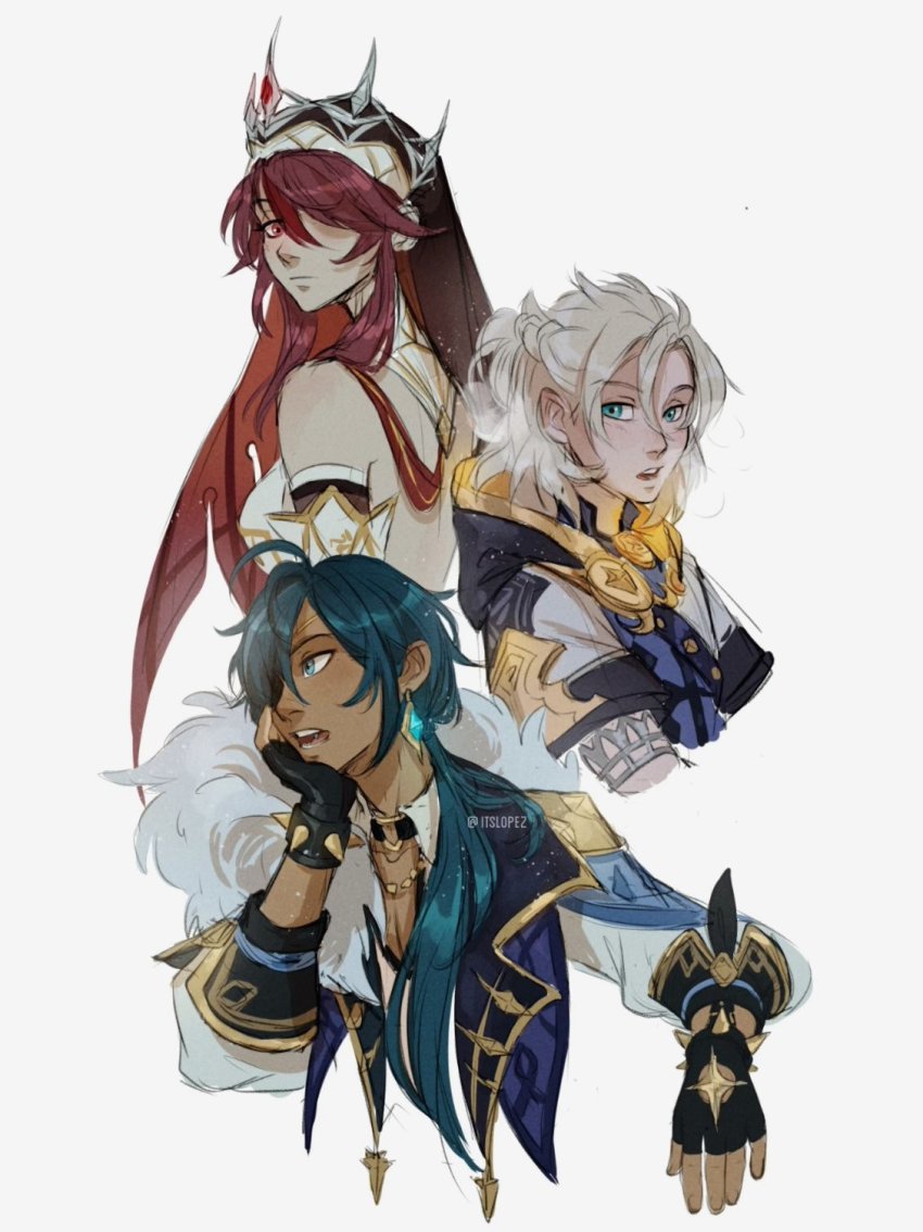 1girl, 2boys, albedo_(genshin_impact), bare_shoulders, black_gloves, blonde_hair, blue_eyes, blue_hair