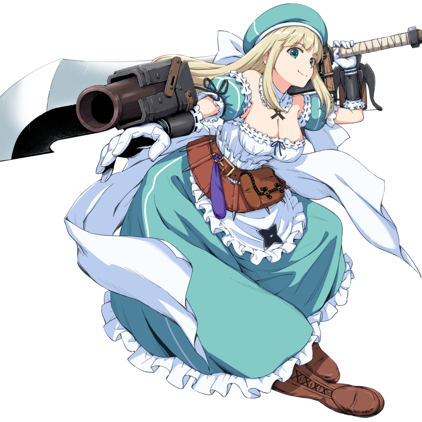 1girl, absurdres, bare_shoulders, beret, blonde_hair, boots, bow_(weapon), breasts
