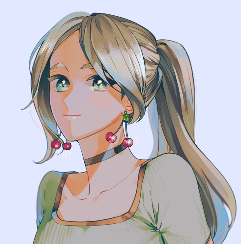 1girl, black_choker, blonde_hair, blue_background, cherry_earrings, choker, closed_mouth, collarbone