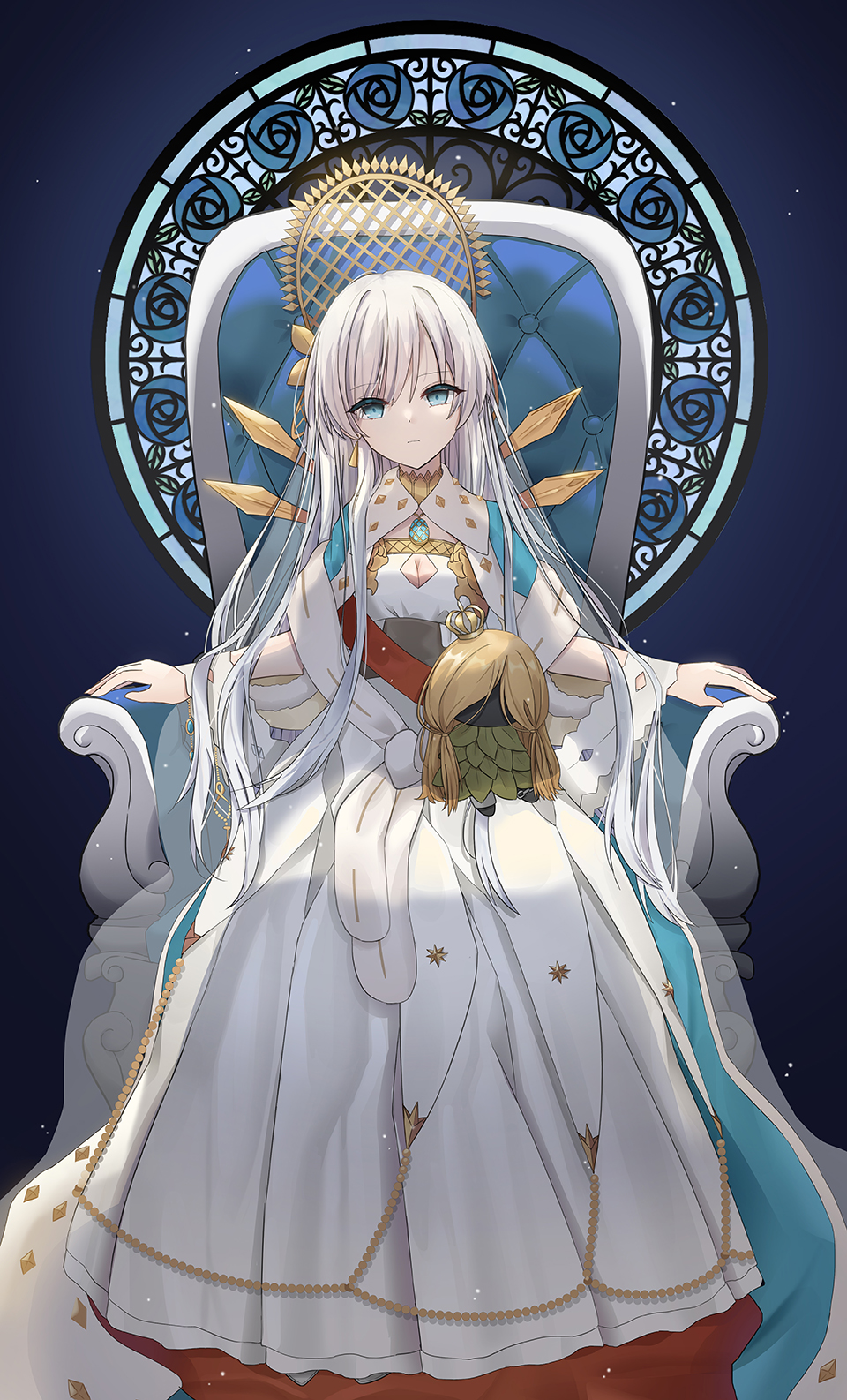 1girl, anastasia_(fate), anastasia_(third_ascension)_(fate), blue_eyes, breasts, cape, chair, cleavage