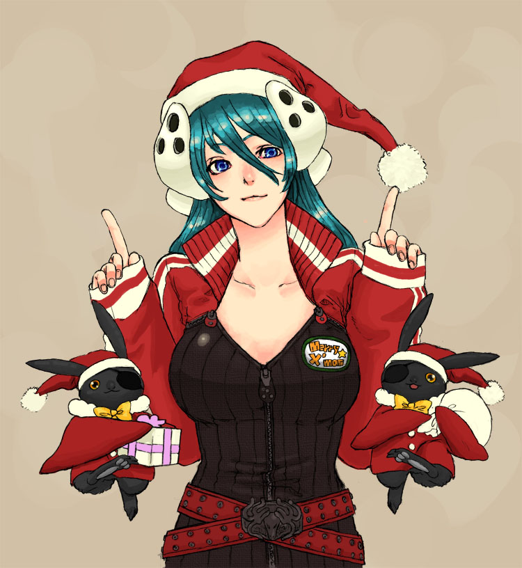 1girl, bad_id, bad_pixiv_id, belt, blue_eyes, blue_hair, breasts, christmas, collar, eyepatch, female_focus, gift, hat, large_breasts, matching_hair/eyes, original, rabbit, santa_costume, santa_hat, solo, sweater, tsutsumi, zipper