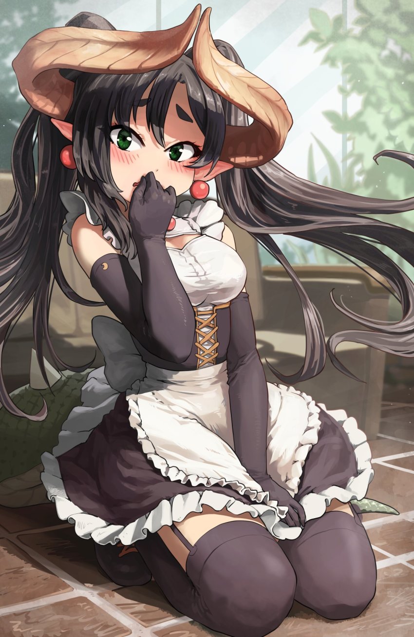 1girl, alternate_costume, apron, bad_id, bad_twitter_id, black_corset, black_gloves, black_hair