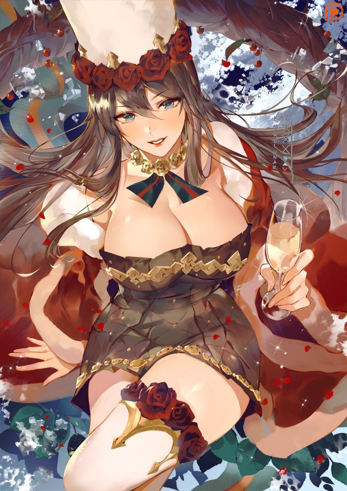 1girl, alternate_costume, arm_support, blue_eyes, breasts, brown_dress, brown_hair, champagne_flute, christmas_dress, cleavage, crossed_legs, cup, dress, drinking_glass, granblue_fantasy, hair_between_eyes, holding, holding_cup, jewelry, large_breasts, long_hair, mcmclunar_(kaz), necklace, rosetta_(granblue_fantasy), rosetta_(holiday)_(granblue_fantasy), santa_costume, sitting, solo, thigh_strap, thighs, white_headwear