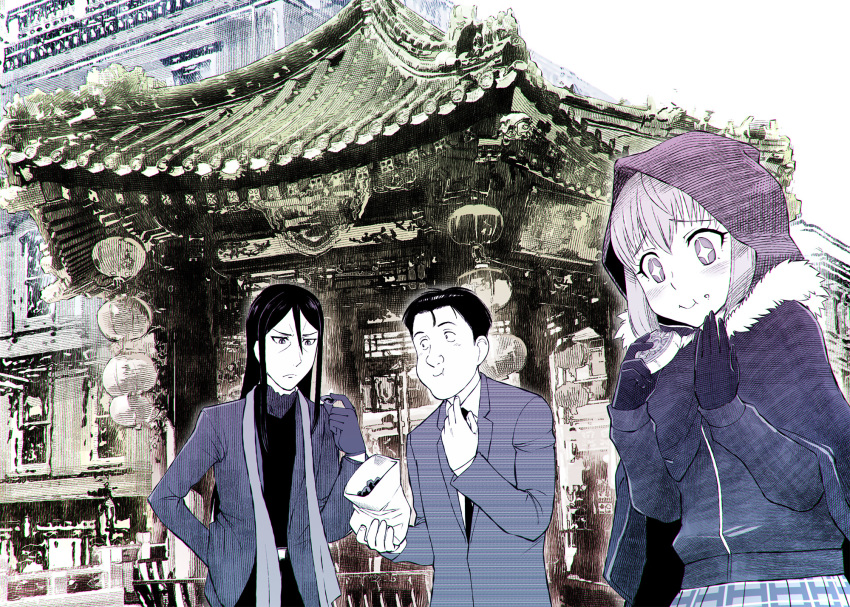 1girl, 2boys, cape, cloak, closed_mouth, crossover, eating, fate_(series), fur_trim, gloves, gray_(fate), highres, hood, hood_up, lord_el-melloi_ii, lord_el-melloi_ii_case_files, master_keaton, monochrome, multiple_boys, necktie, short_hair, skirt, smile, taichi_hiraga_keaton, ueyama_michirou, waver_velvet