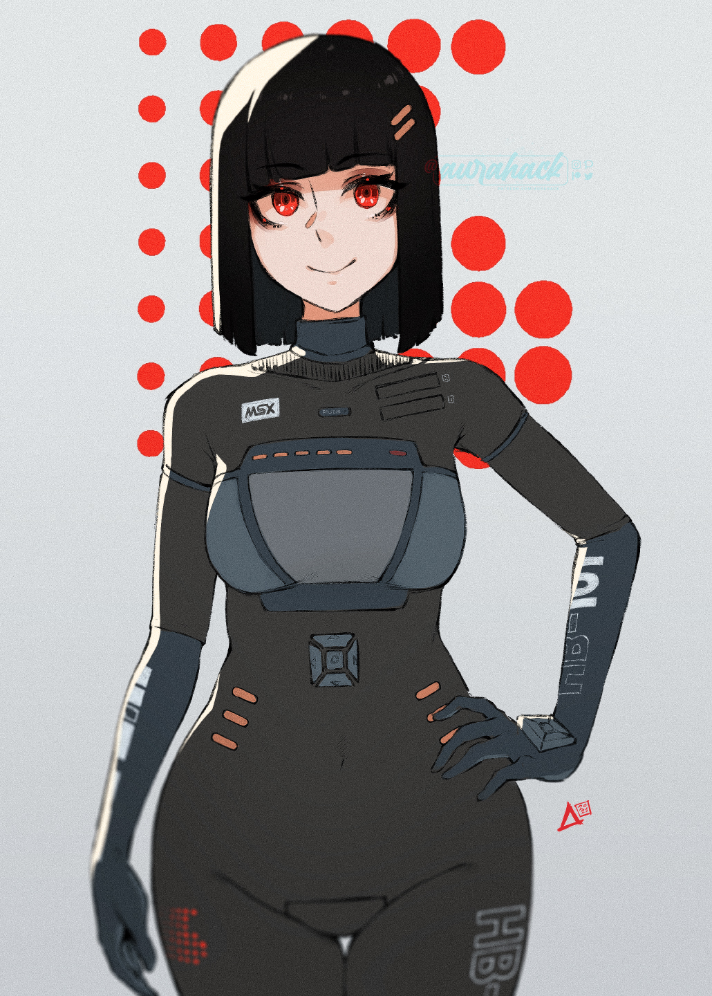 1chip_msx, 1girl, armor, aurahack, black_bodysuit, black_hair, blue_gloves, blunt_bangs, bob_cut, bodysuit, breastplate, breasts, cowboy_shot, crotch_plate, d-pad, eyeshadow, facing_viewer, gloves, gradient_background, grey_background, grey_bodysuit, hair_ornament, hairclip, hand_on_own_hip, highres, hitbit, legs_together, looking_at_viewer, makeup, mascara, medium_hair, microcomputer, msx, os-tan, parted_lips, personification, red_eyes, simple_background, small_breasts, smile, solo, sony, sony_hitbit, standing, straight_hair, thigh_gap, watermark, wide_hips