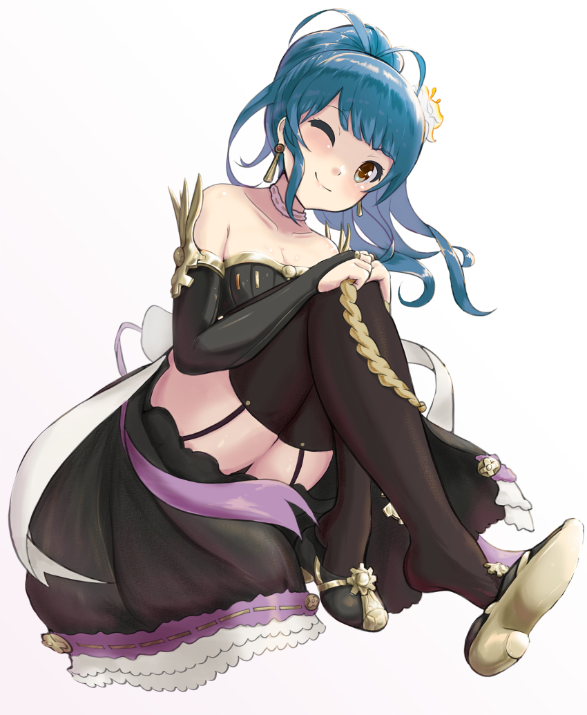 1girl, absurdres, alternate_costume, antenna_hair, bare_shoulders, black_dress, black_panties, black_thighhighs