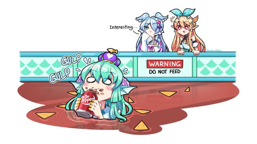 3girls, absurdres, animal_ears, aqua_ribbon, blonde_hair, blue_eyes, blue_hair, bright_pupils