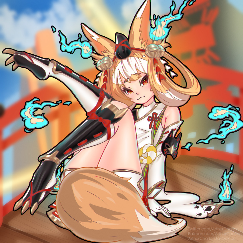 1girl, animal_ears, arthurcharlon, blonde_hair, clip_studio_paint_(medium), dragalia_lost, feet_up, fox_ears, fox_girl, fox_tail, gloves, highres, hitodama, kuzunoha_(dragalia_lost), leg_armor, legs, long_sleeves, orange_eyes, short_eyebrows, sitting, tail