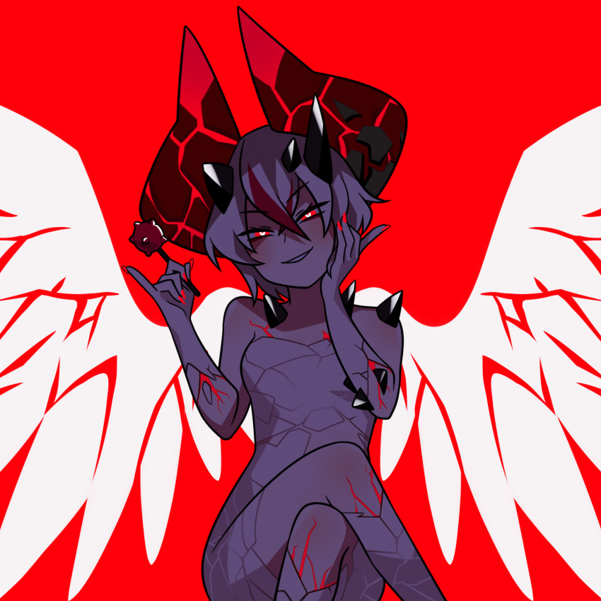 1girl, angel_wings, candy, demon_horns, dragalia_lost, food, streaked_hair, highres, horns, crossed_legs, lilith_(dragalia_lost), lollipop, multicolored_hair, red_eyes, satsumikan, short_hair, smile, solo, white_hair, wings