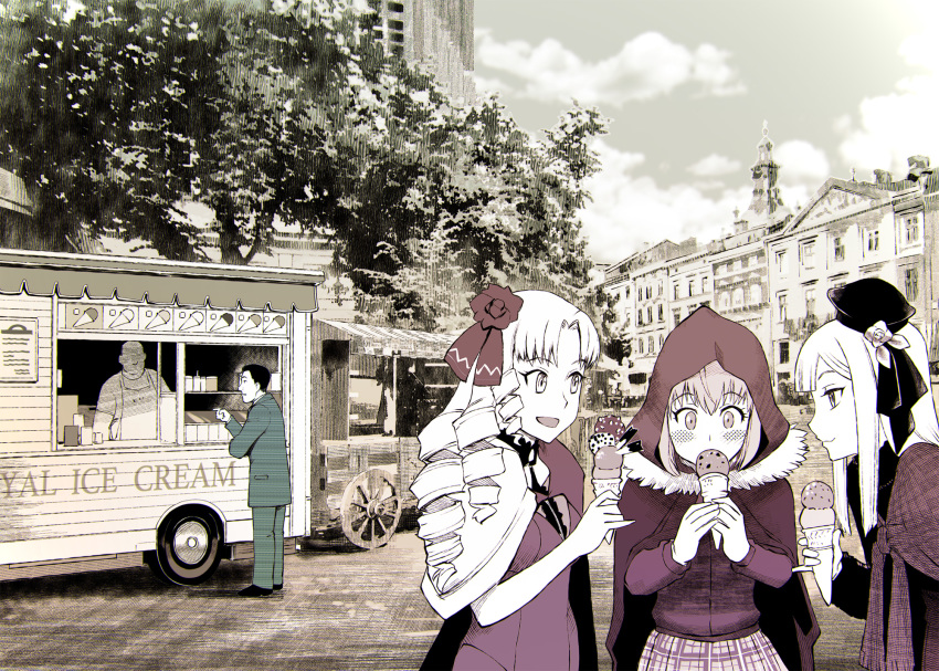 3girls, bow, cape, character_request, cloak, closed_mouth, crossover, dress