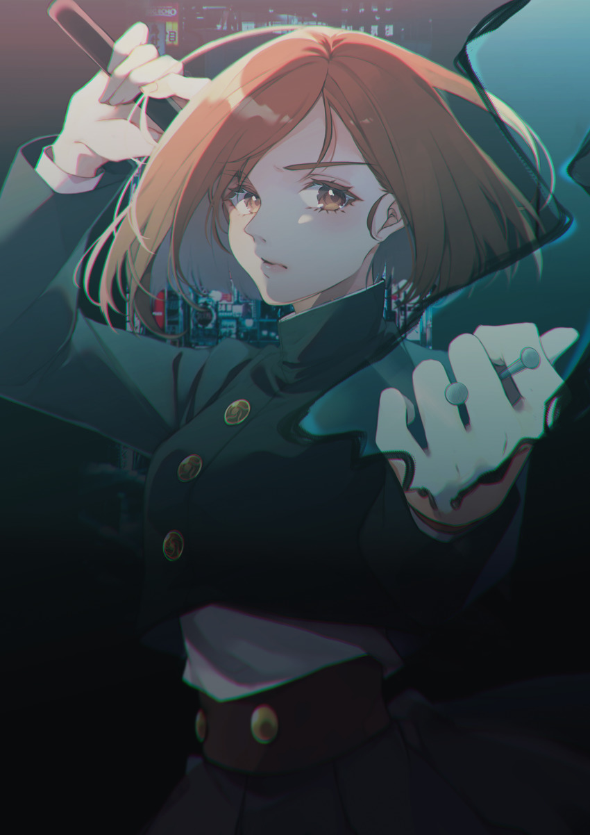 1girl, abstract_background, absurdres, arm_up, black_jacket, bob_cut, brown_eyes, brown_hair