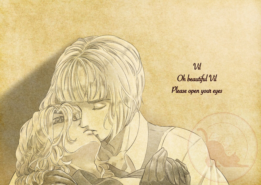 2boys, absurdres, black_gloves, blonde_hair, bob_cut, emienvee2811, closed_eyes, gloves