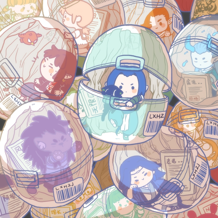 4girls, 6+boys, aqua_horns, barcode, bird, black_cat, black_hair, blue_hair