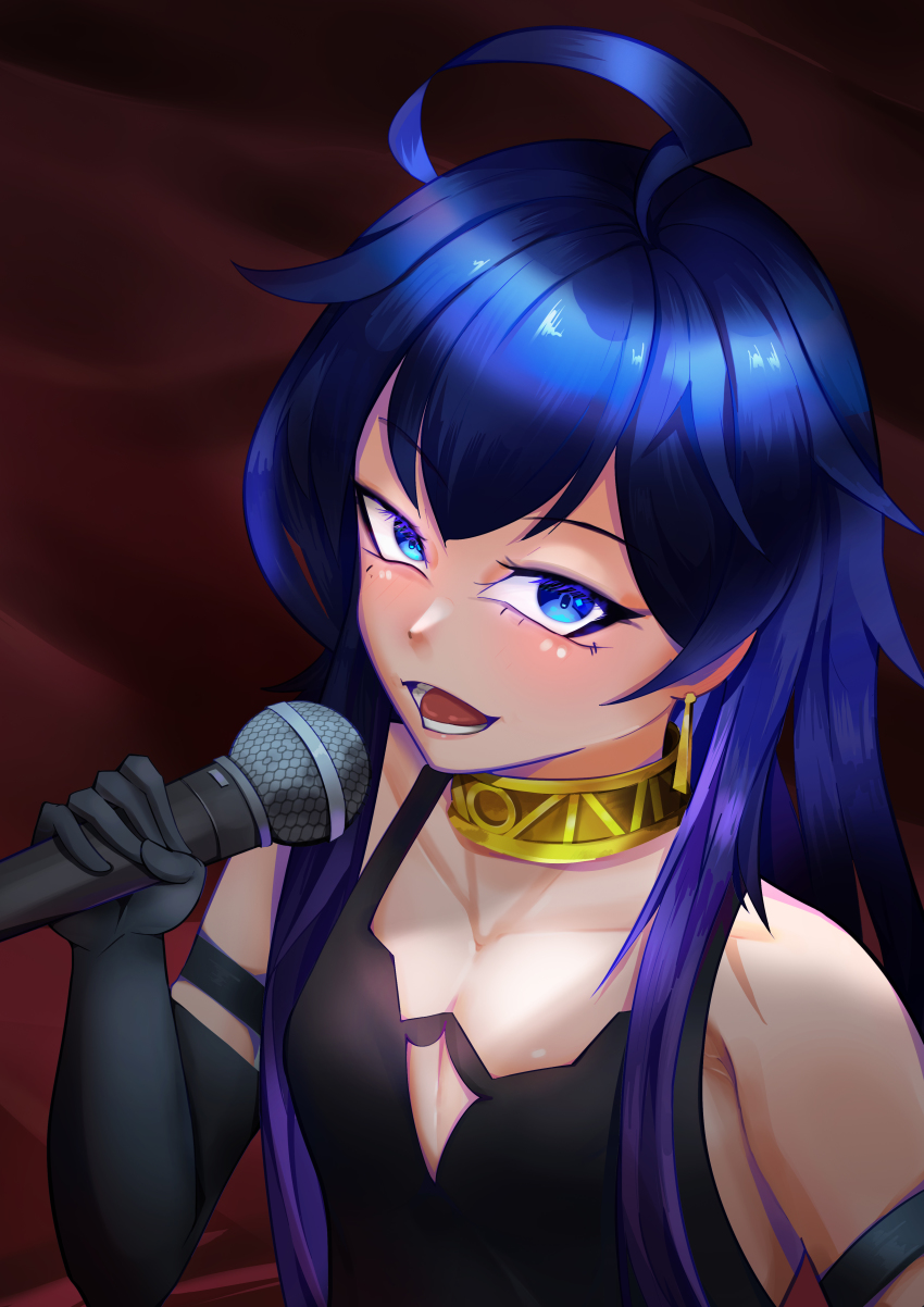 1boy, absurdres, alternate_costume, alternate_hair_length, alternate_hairstyle, bare_shoulders, black_dress, black_gloves