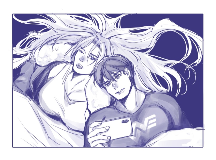 1boy, 1girl, artemis_of_bana-mighdall, batman_(series), bed_sheet, border, breasts, cellphone