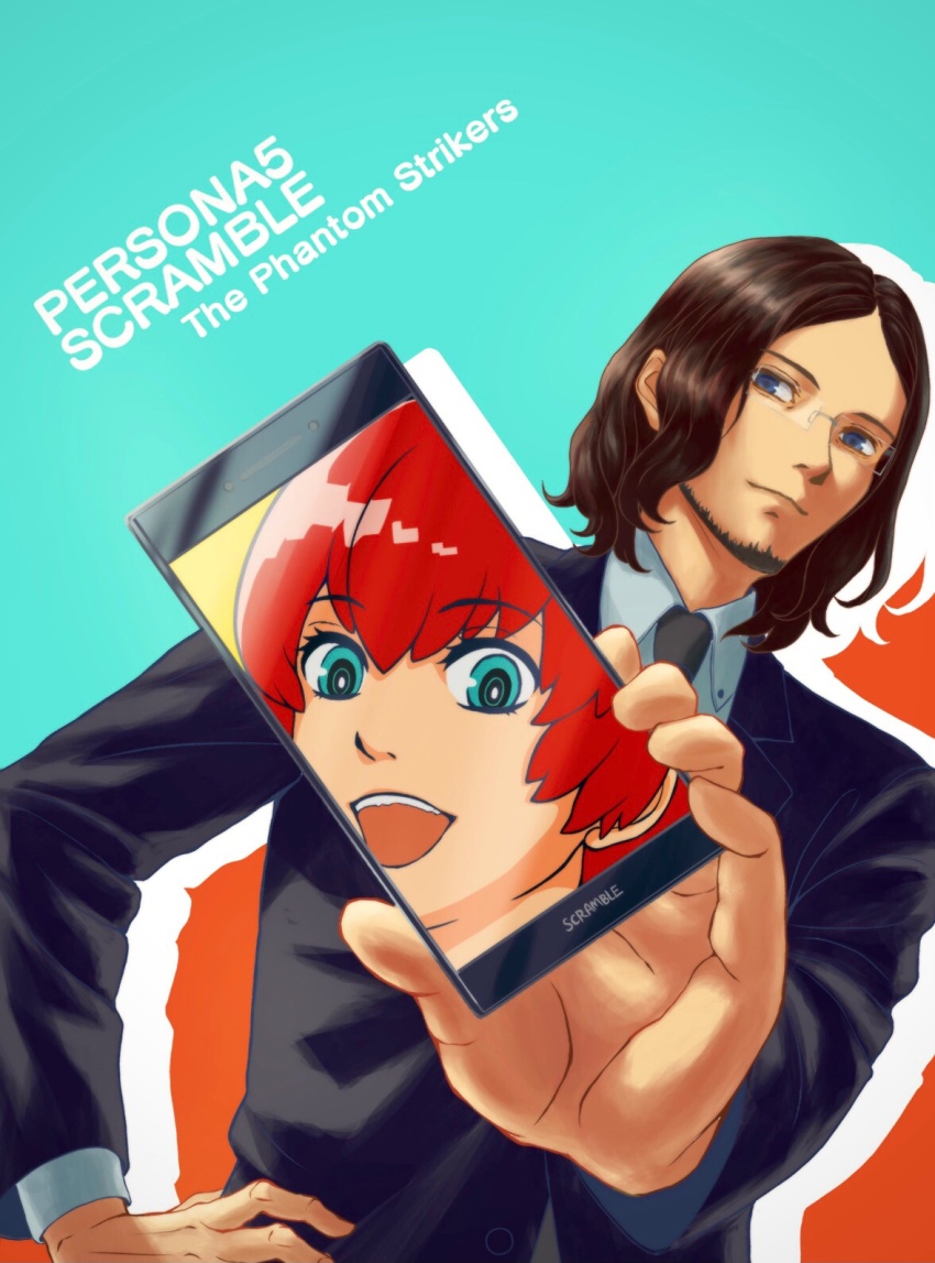 a.i._artificial_intelligence, arm_up, beard, black_jacket, blue_eyes, bright_pupils, brown_hair, cellphone