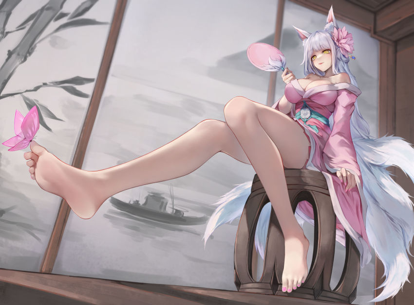 1girl, animal_ear_fluff, animal_ears, bare_legs, bare_shoulders, barefoot, bug, butterfly