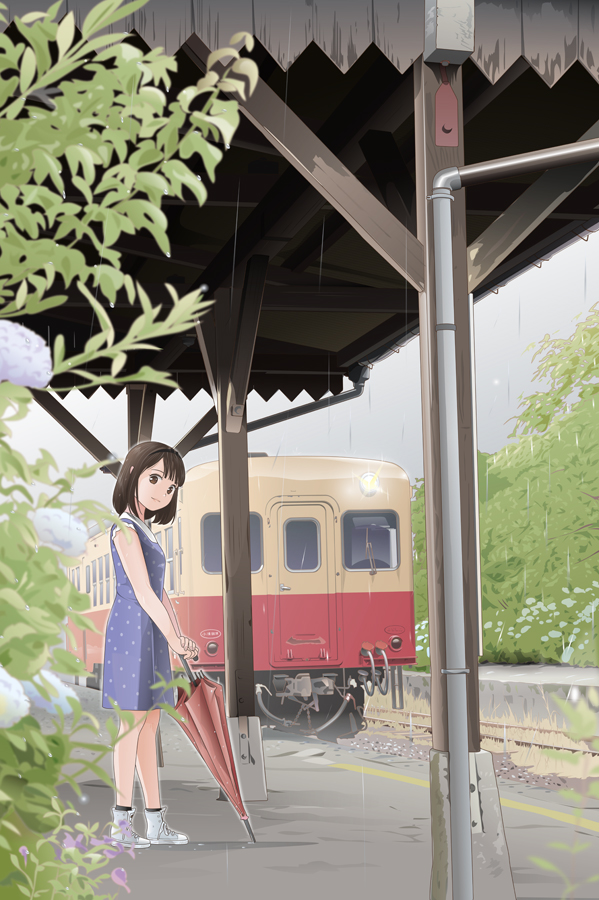 1girl, black_hair, blue_dress, dress, flower, holding, holding_umbrella, kominato_railway