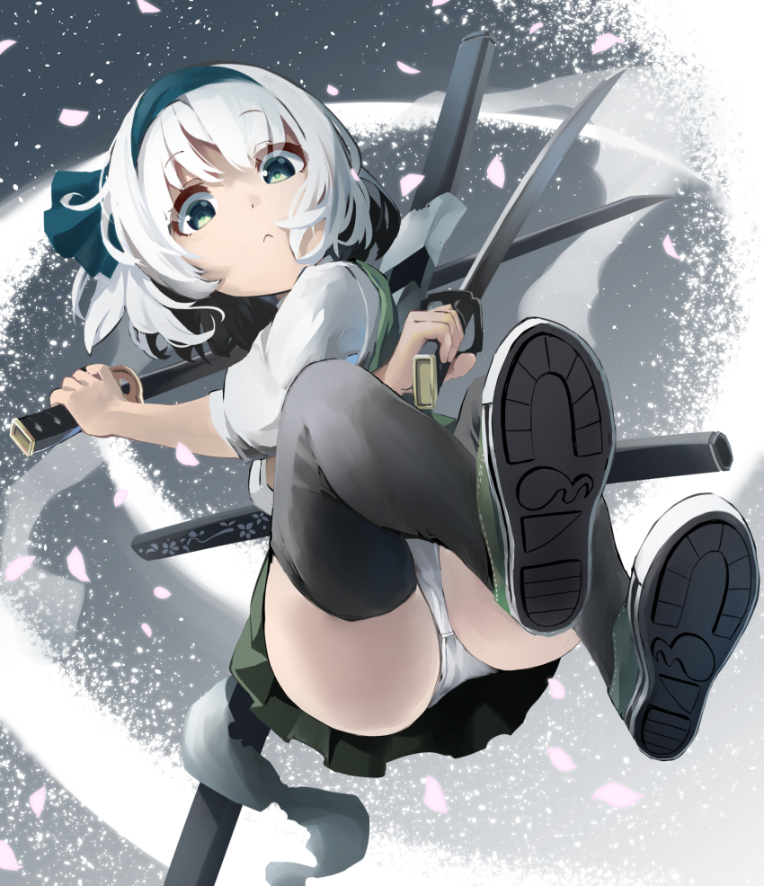 1girl, :<, black_thighhighs, cherry_blossoms, closed_mouth, commentary, from_below, full_body