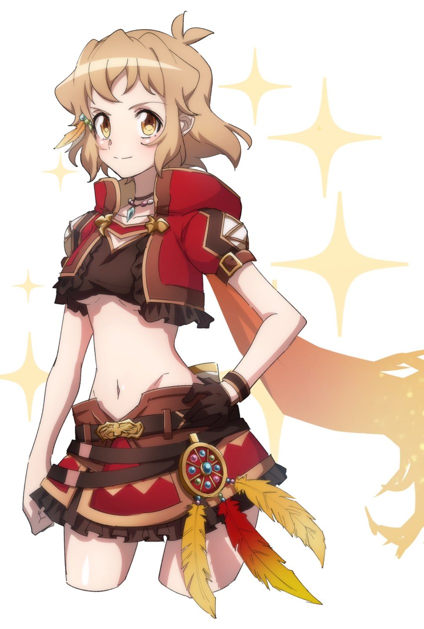 1girl, black_gloves, blonde_hair, blush, breasts, collarbone, feather_hair_ornament, gloves