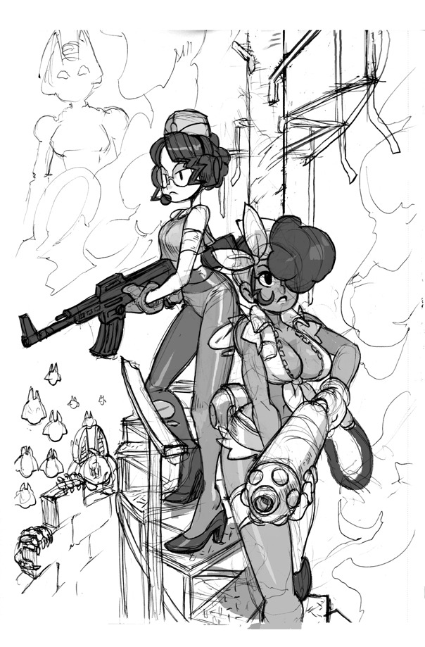 2girls, afro, alex_ahad, android, bandana, braid, braided_bun, breasts