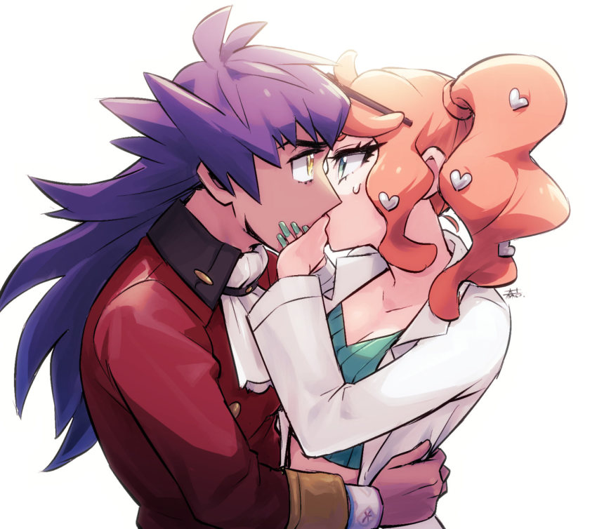 1boy, 1girl, 3737-3737, ascot, buttons, coat, commentary_request, dark-skinned_male