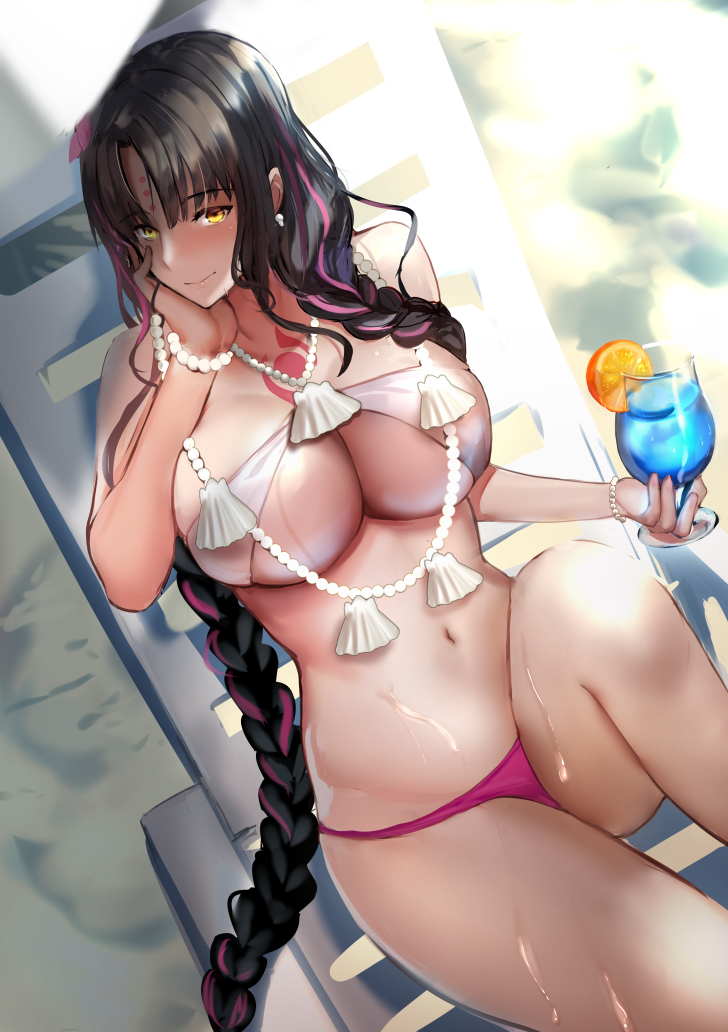 1girl, bare_shoulders, beach, bikini, black_hair, blush, bracelet, braid