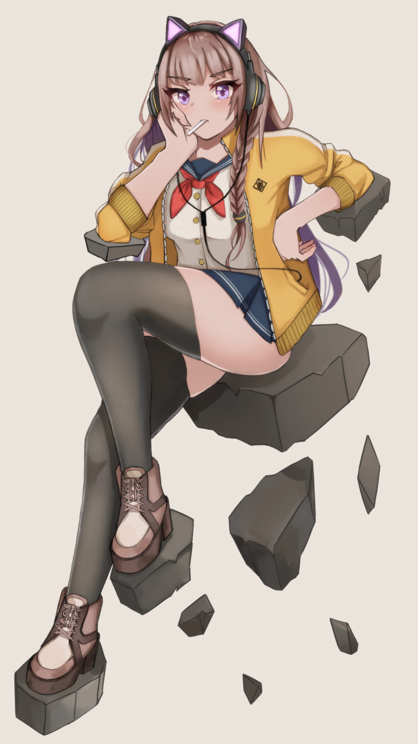 1girl, animal_ear_headphones, animal_ears, blue_skirt, blush, boots, braid, brown_boots