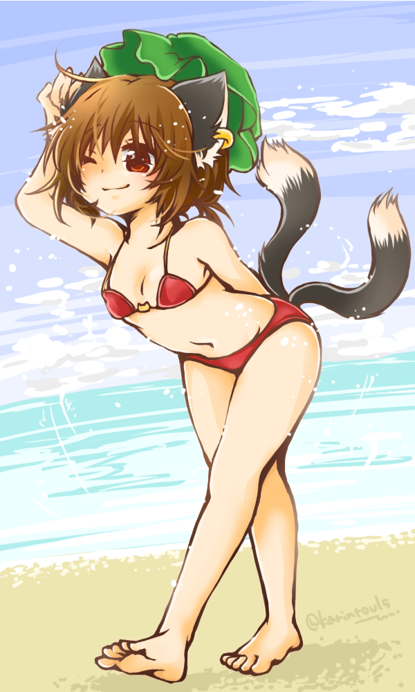 1girl, ;), animal_ears, arm_behind_back, barefoot, beach, bikini, breasts, brown_hair, cat_ears, cat_tail, chen, cloud, day, dutch_angle, earrings, full_body, hanabi_(karintou15), hand_up, hat, horizon, jewelry, leaning_forward, mob_cap, multiple_tails, nekomata, one_eye_closed, outdoors, red_eyes, short_hair, single_earring, small_breasts, smile, solo, swimsuit, tail, touhou, two_tails, water