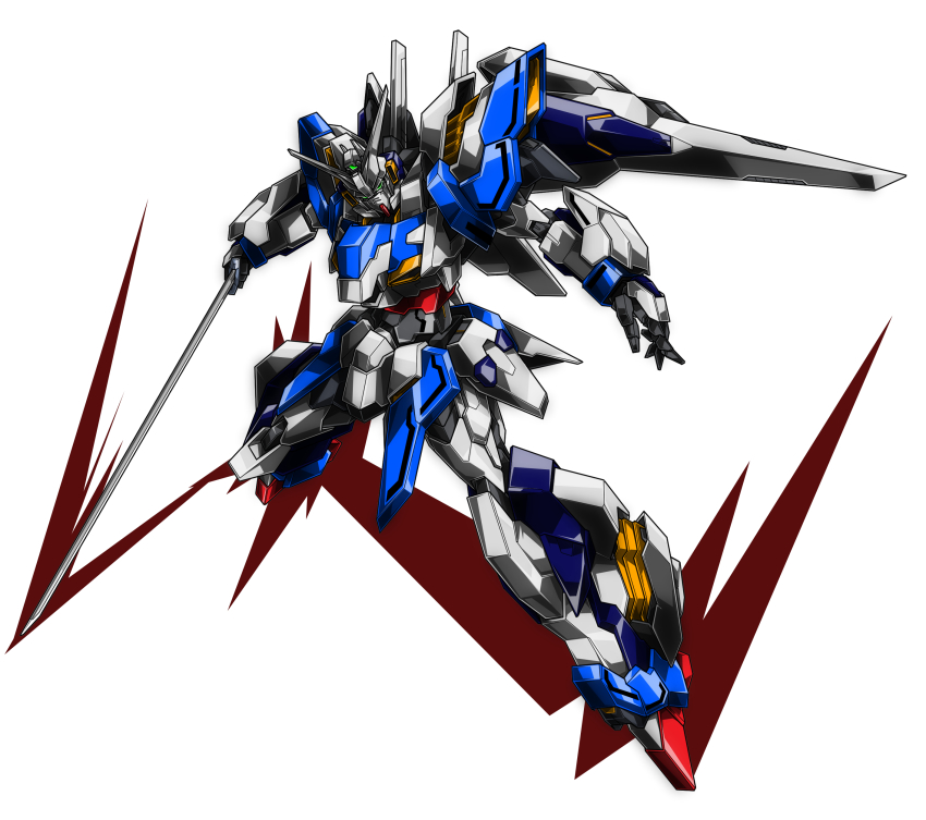 absurdres, beastkingbarbaros, green_eyes, gundam, head_tilt, highres, holding, holding_sword