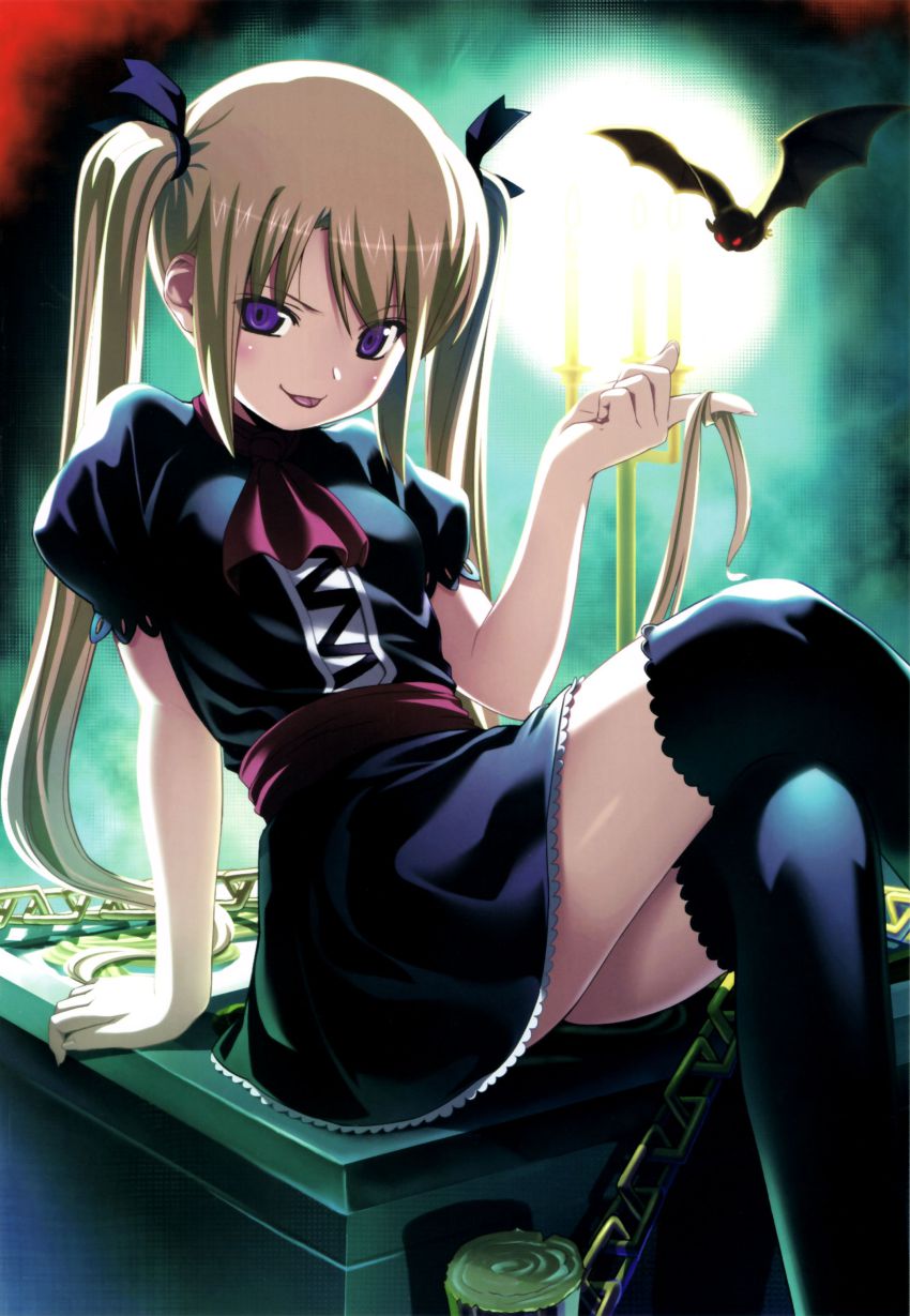 1girl, :p, absurdres, arm_support, bat_(animal), black_thighhighs, blonde_hair, candle, chain, crossed_legs, dress, female_focus, hair_ribbon, highres, jujika, juujika, koutaro, long_hair, naughty_face, nina_(juujika), purple_eyes, ribbon, scan, sitting, solo, thighhighs, tongue, tongue_out, twintails, twirling_hair, very_long_hair, zettai_ryouiki