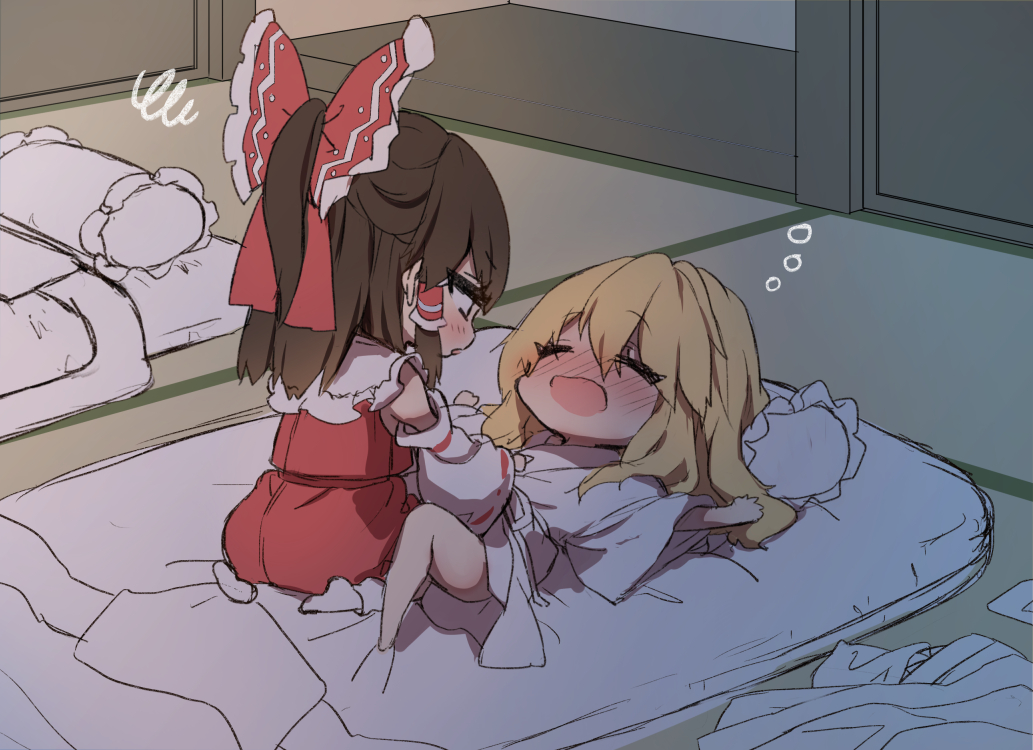 2girls, bare_shoulders, blonde_hair, blush, bow, brown_eyes, brown_hair, dress