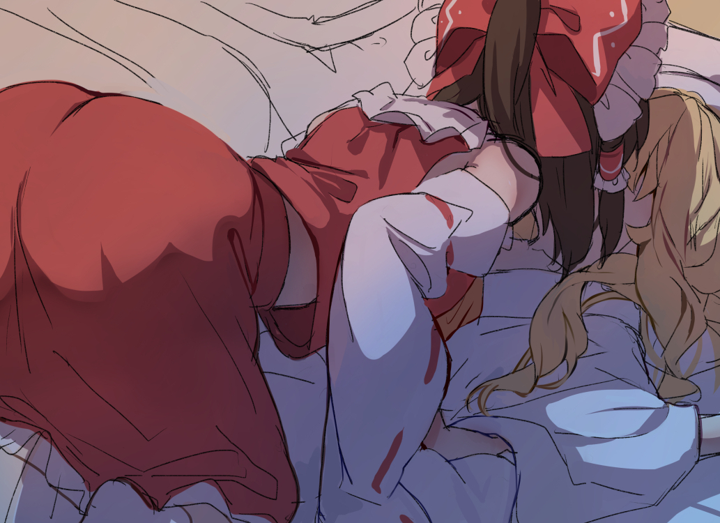 2girls, blonde_hair, bow, brown_hair, dress, hair_tubes, hakurei_reimu, kirisame_marisa, long_hair, long_sleeves, lotus_eaters, multiple_girls, pillow, piyokichi, red_bow, red_dress, ribbon, short_hair, sleeping, touhou, white_sleeves, yellow_ribbon, yuri