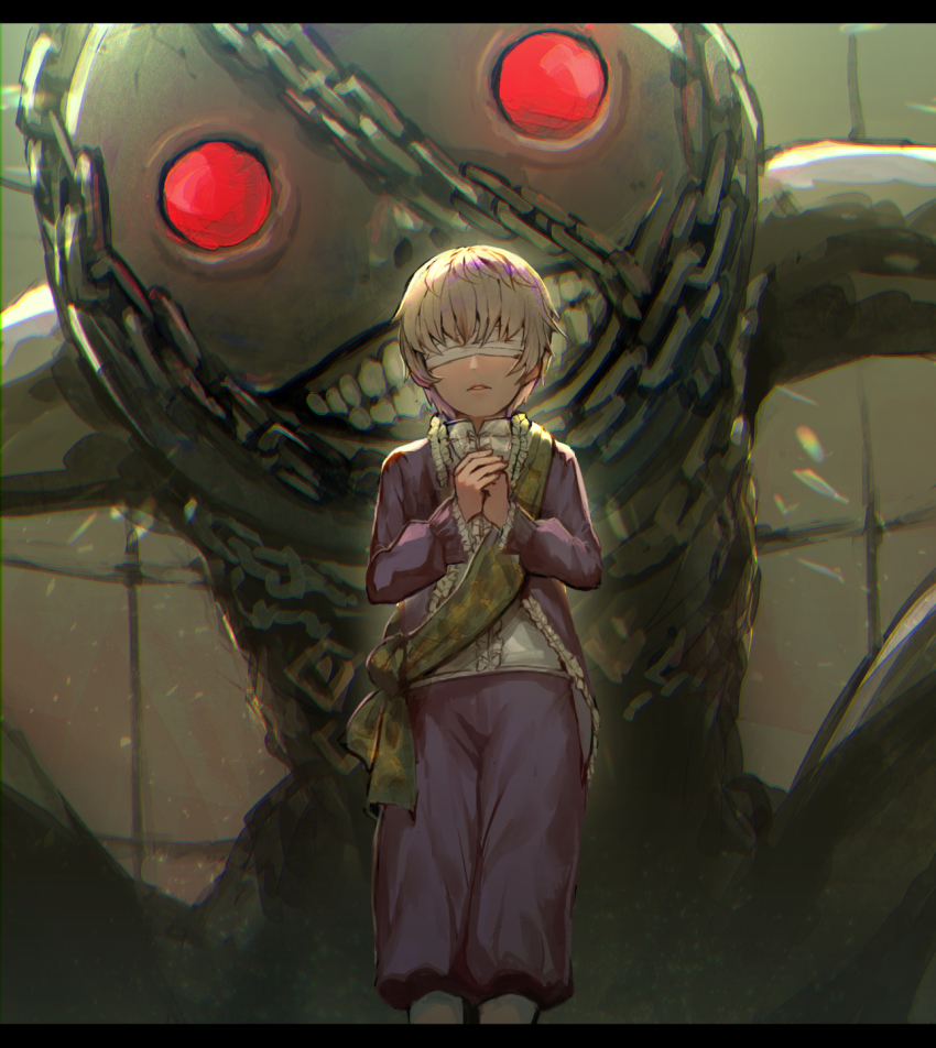 1boy, blindfold, chain, chained, commentary, emil_(nier), glowing, glowing_eyes