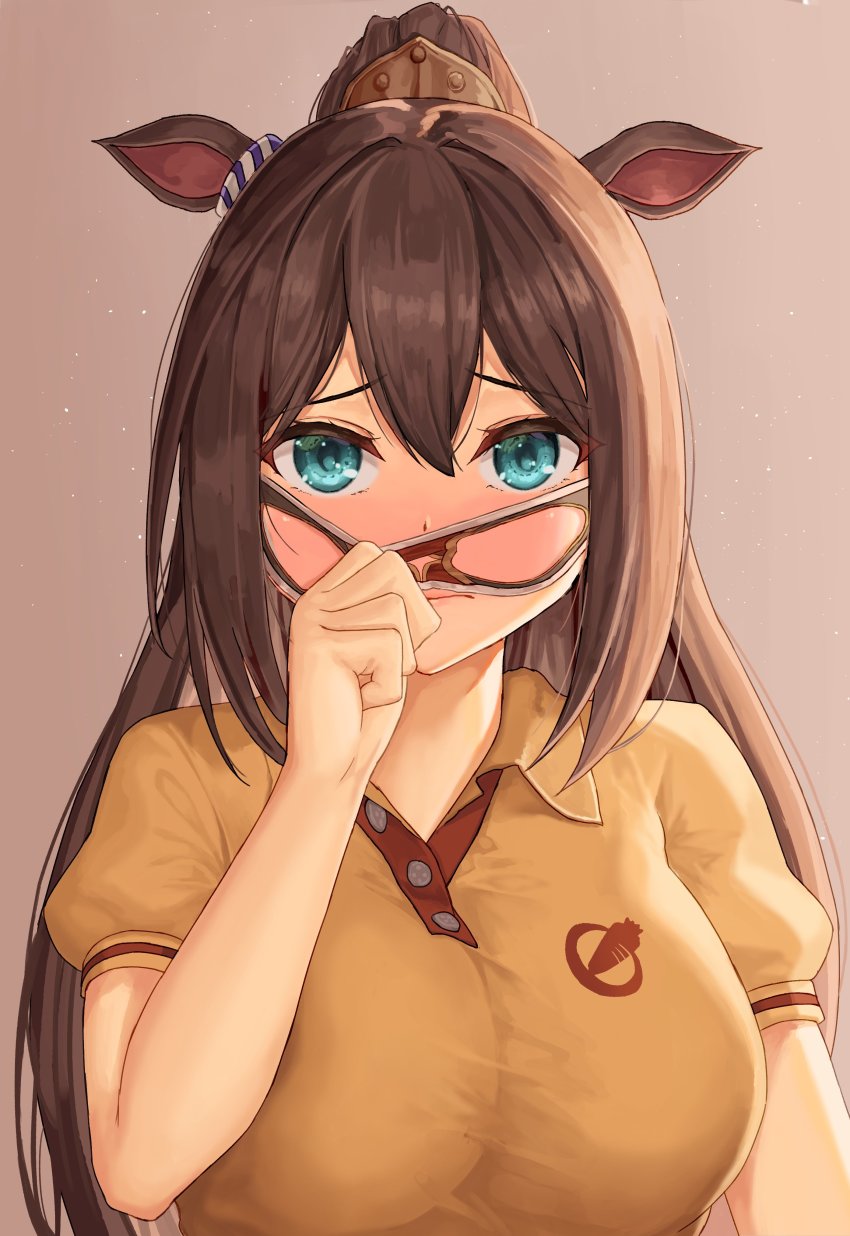 1girl, absurdres, animal_ears, blue_eyes, blush, breasts, brown_hair, domino_mask, el_condor_pasa_(casual)_(umamusume), el_condor_pasa_(umamusume), eye_mask, highres, horse_ears, hoshibudou, large_breasts, long_hair, mask, mask_pull, ponytail, shirt, umamusume, yellow_shirt