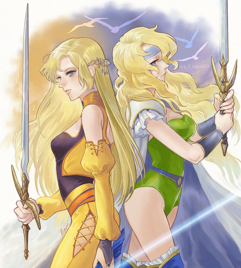 2girls, alternate_costume, amano_yoshitaka_design, armor, back-to-back, blonde_hair, blue_eyes, blue_headband