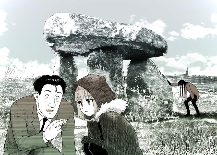 1girl, 2boys, cape, cloak, crossover, fate_(series), fur_trim, gloves, gray_(fate), highres, hood, hood_up, lord_el-melloi_ii, lord_el-melloi_ii_case_files, master_keaton, monochrome, multiple_boys, necktie, open_mouth, outdoors, short_hair, smile, taichi_hiraga_keaton, ueyama_michirou, united_kingdom, waver_velvet