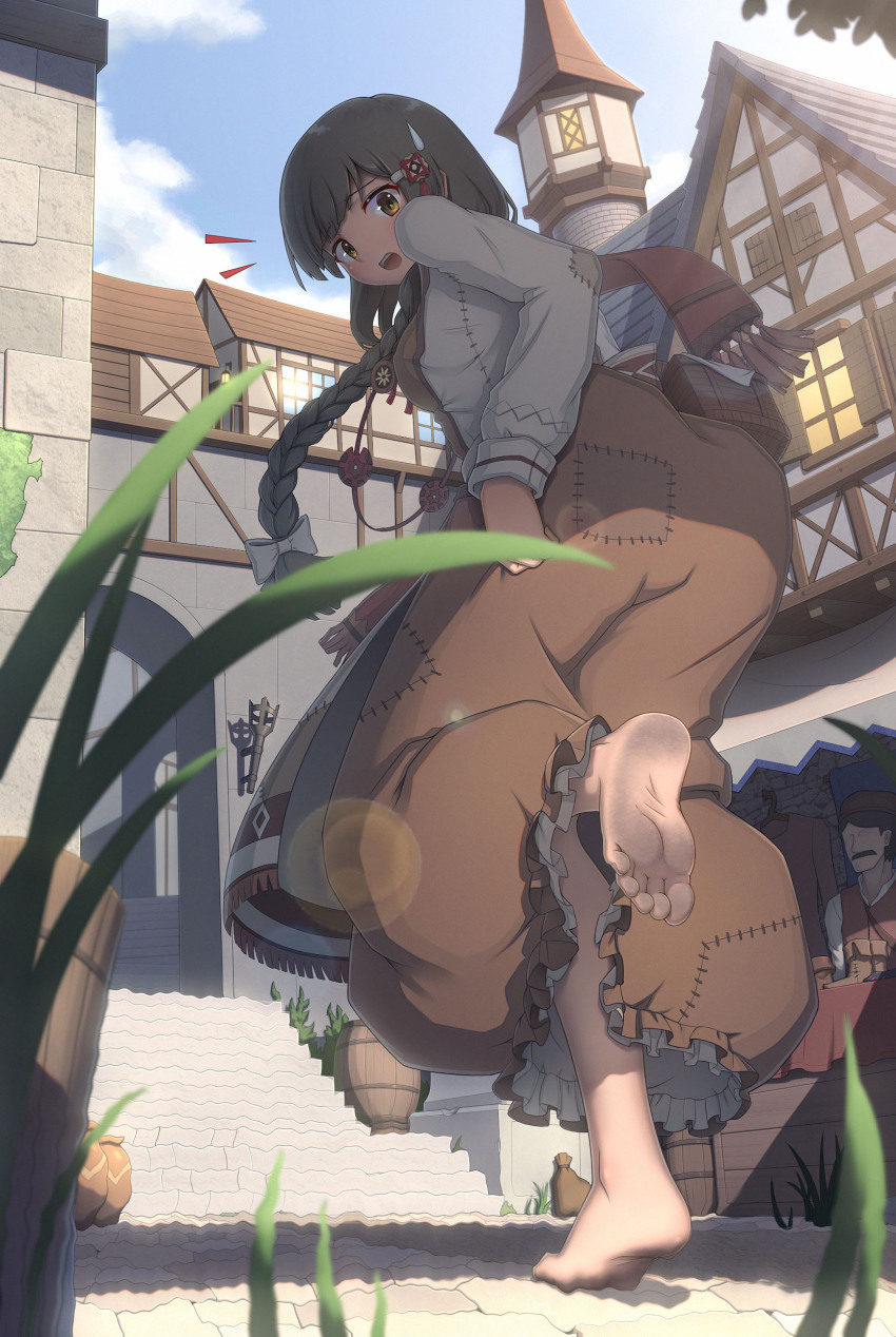 1boy, 1girl, absurdres, barefoot, barrel, black_hair, blush, braid