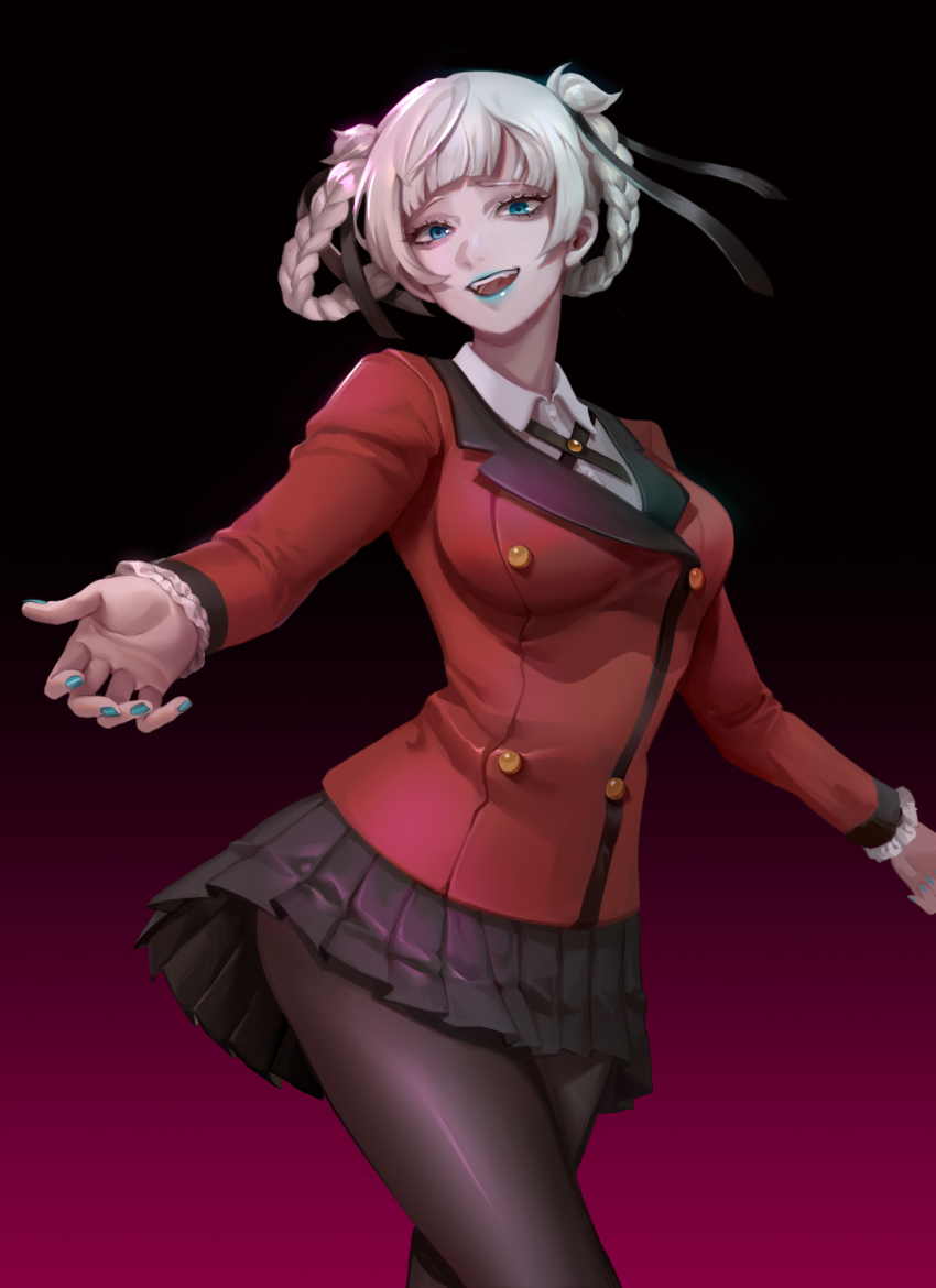 1girl, black_background, black_pantyhose, black_ribbon, black_skirt, blouse, blunt_bangs, braid, braided_hair_rings, collared_shirt, cowboy_shot, dress_shirt, fangs, hair_rings, highres, hy_(hungyu), hyakkaou_academy_school_uniform, jacket, kakegurui, lipstick, long_sleeves, looking_at_viewer, makeup, miniskirt, momobami_kirari, nail_polish, pantyhose, pink_background, pleated_skirt, red_jacket, ribbon, school_uniform, shirt, skirt, smile, solo, white_shirt