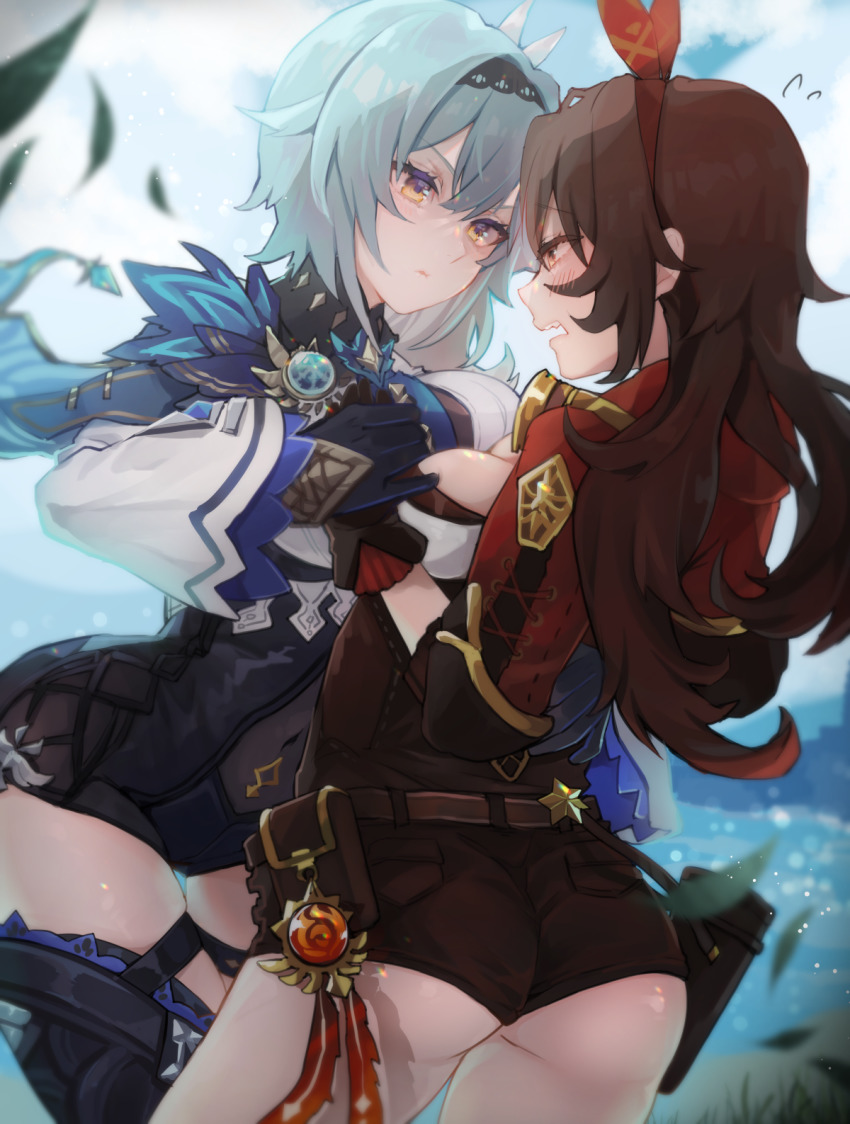 2girls, amber_(genshin_impact), ass, back, belt, black_gloves, black_hairband, black_legwear, black_leotard, blue_cape, blue_hair, blue_neckwear, blush, breasts, brown_eyes, brown_gloves, brown_hair, brown_shorts, cape, cleavage, crossed_bangs, eula_(genshin_impact), genshin_impact, gloves, goggles, hair_ornament, hair_ribbon, hairband, highres, jewelry, large_breasts, leotard, long_hair, long_sleeves, medium_breasts, medium_hair, multiple_girls, necktie, open_mouth, pendant, pouch, red_ribbon, ribbon, ruohire, short_shorts, shorts, shrug_(clothing), sidelocks, thighhighs, thighs, vision_(genshin_impact), yellow_eyes, yuri